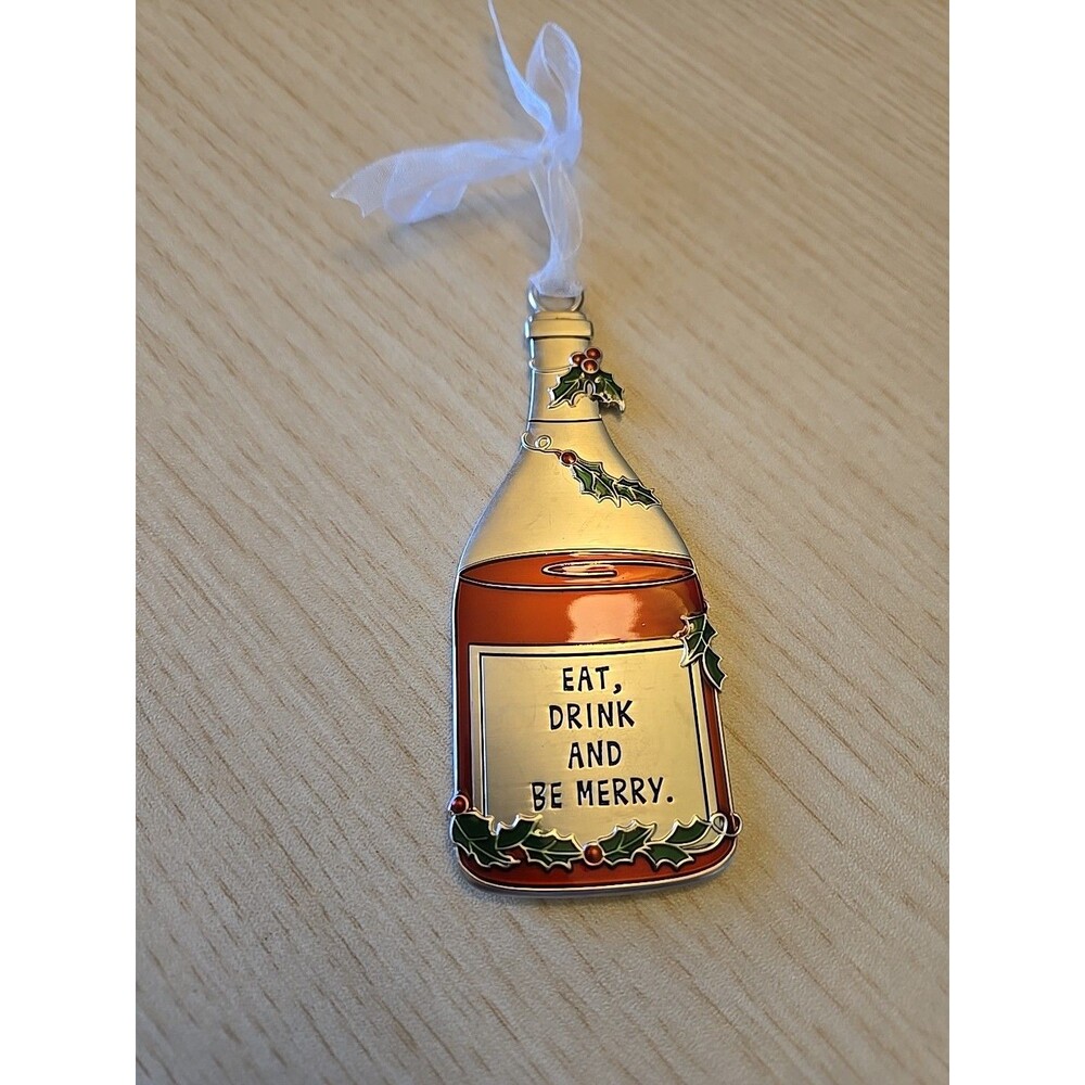 Ganz Metal Wine Bottle Christmas Ornament Eat, Drink & Be Merry Holiday Enamel